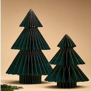 Handcrafted green and gold 3D paper firs Christmas trees set of 2 NWT